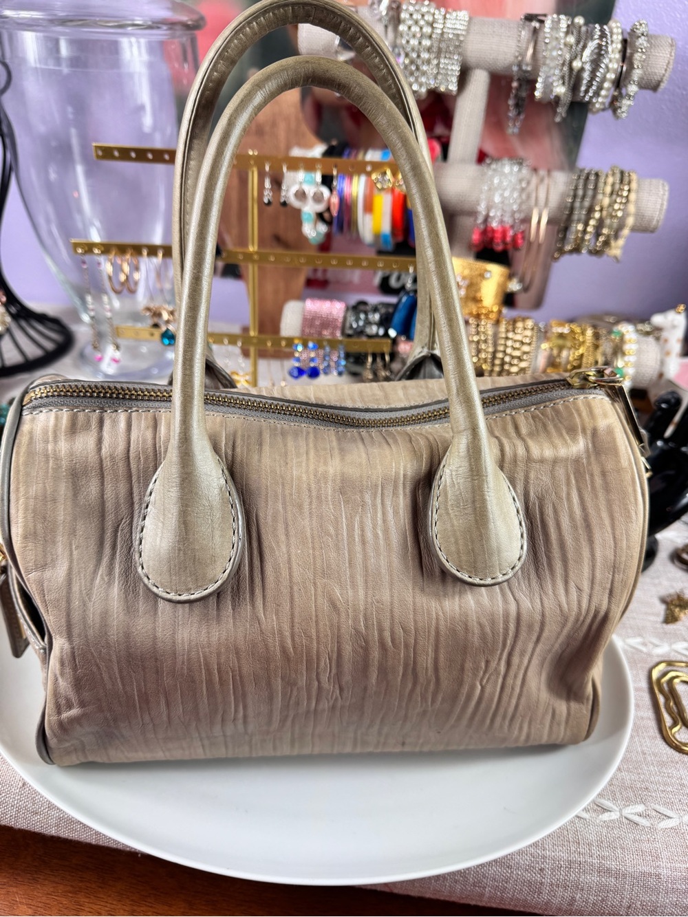 Cole Haan Taupe Pleated Satchel Handbag